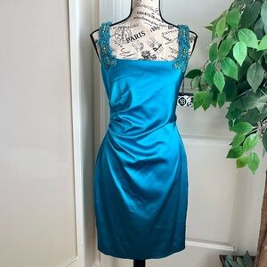 David Meister Satin Sleeveless Embellished Straps Cocktail Dress Teal Sz 6